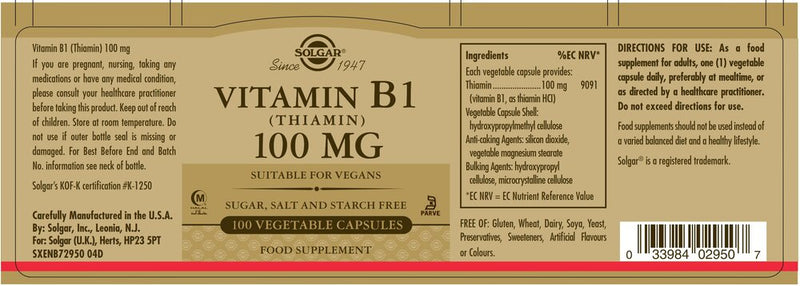 Solgar Vitamin B1 (Thiamin) 100mg - 100 Capsules
