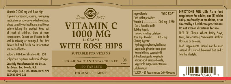 Solgar Vitamin C with Rose Hips - 1000mg - 100 Tablets