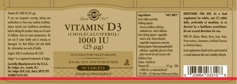 Solgar Vitamin D3 - 1000iu (25mg) - 90 Tablets
