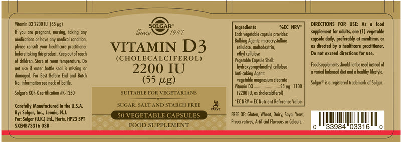 Solgar Vitamin D3 - 2200iu - 50 Capsules