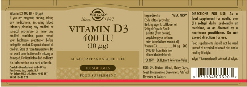 Solgar Vitamin D3 - 400iu - 100 Capsules