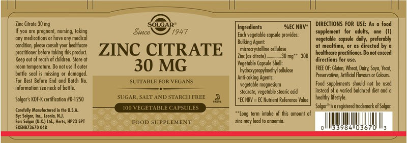 Solgar Chelated Zinc 30mg - 100 Tablets