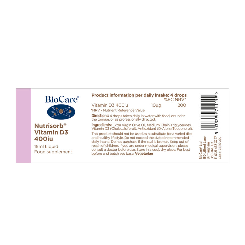 BioCare Nutrisorb® Vitamin D3 400iu - 15ml (formerly Bio-D)