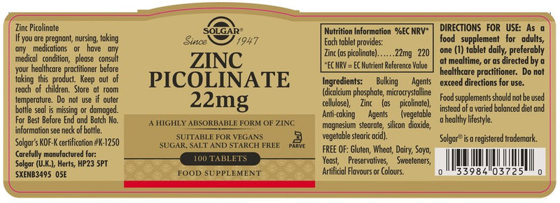 Solgar Zinc Picolinate 22mg - 100 Tablets