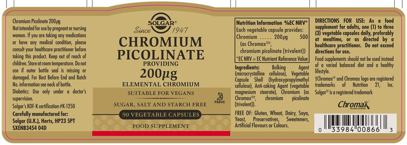 Solgar Chromium Picolinate - 100mcg - 90 Tablets